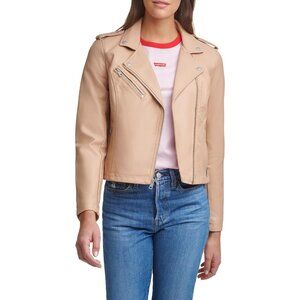 Women's The Classic Faux Leather Moto Jacket Zipper Long Sleeve Biscotti Beige